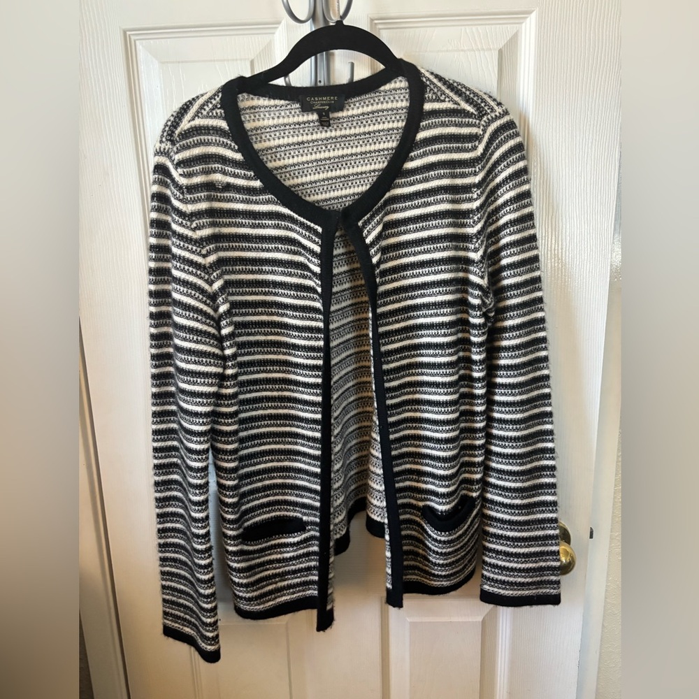 Charter Club Black and White Striped Cardigan Cashmere Sweater